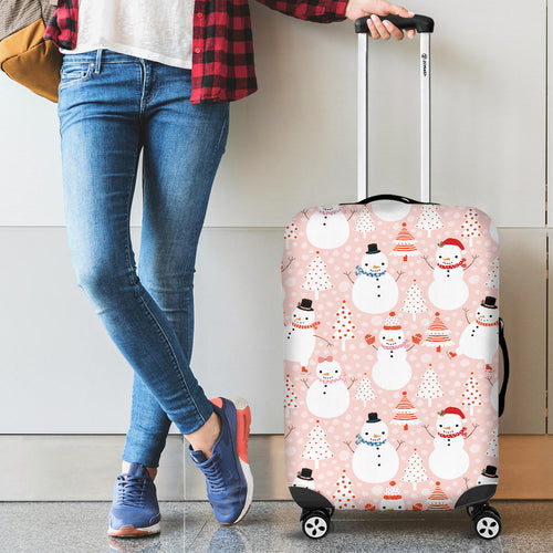 Cute Snowman Christmas Tree Snowpink Background Cabin Suitcases Luggages