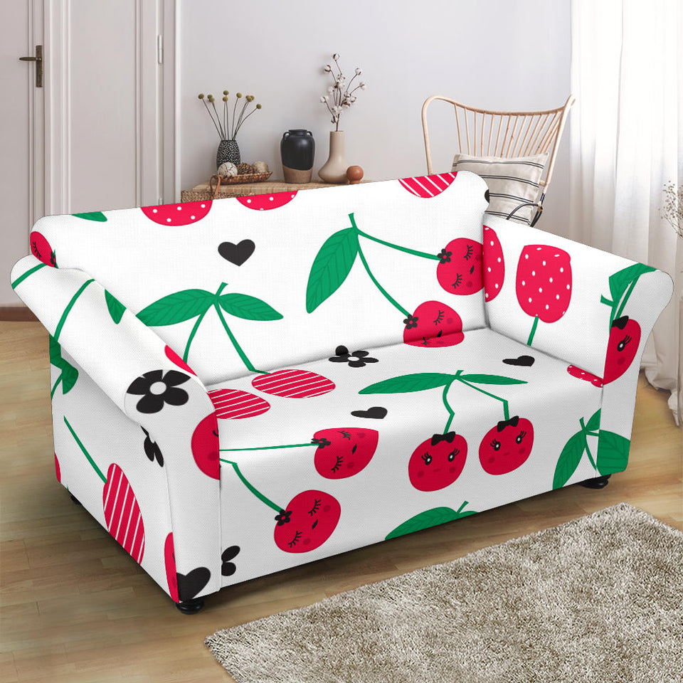 Cherry Pattern White Background Loveseat Couch Slipcover