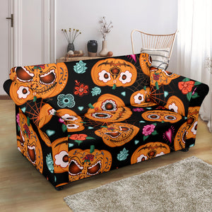 Pumpkin Flowers Spiderweb Halloween Theme Loveseat Couch Slipcover