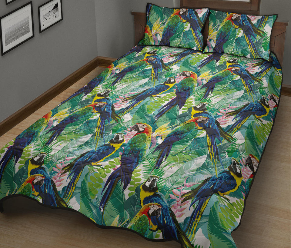 Colorful parrot exotic flower leaves Quilt Bed Set