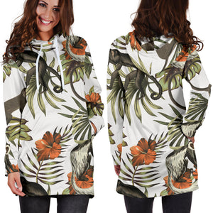 Monkey Red Hibiscus Flower Palm Leaves Floral Pattern Women'S Hoodie Dress