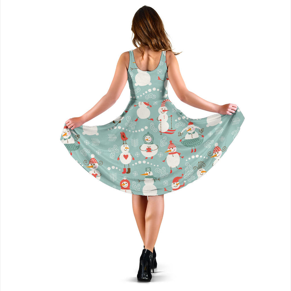 Cute Snowman Pattern Sleeveless Midi Dress