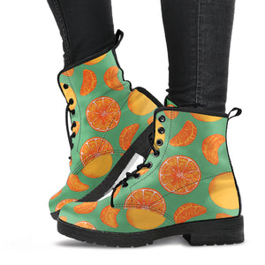 Orange Fruit Pattern Green Background Leather Boots