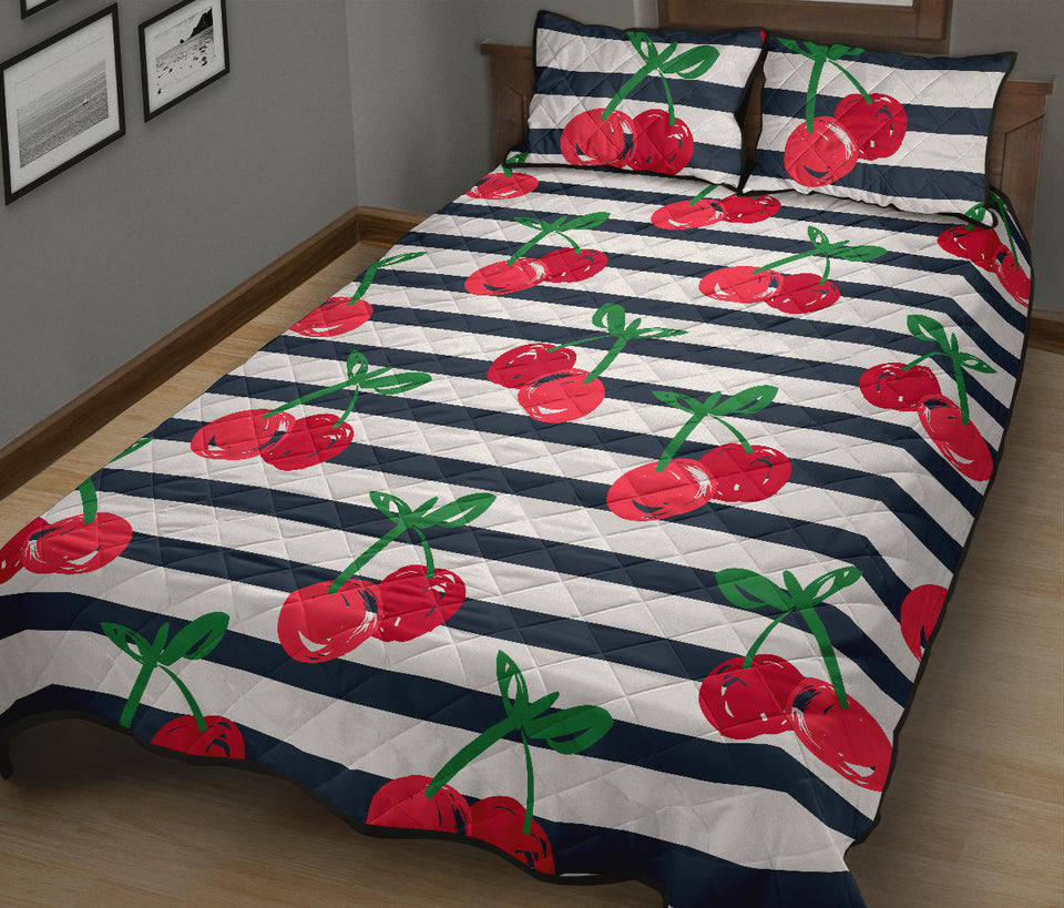 Hand drawn cherry pattern striped background Quilt Bed Set