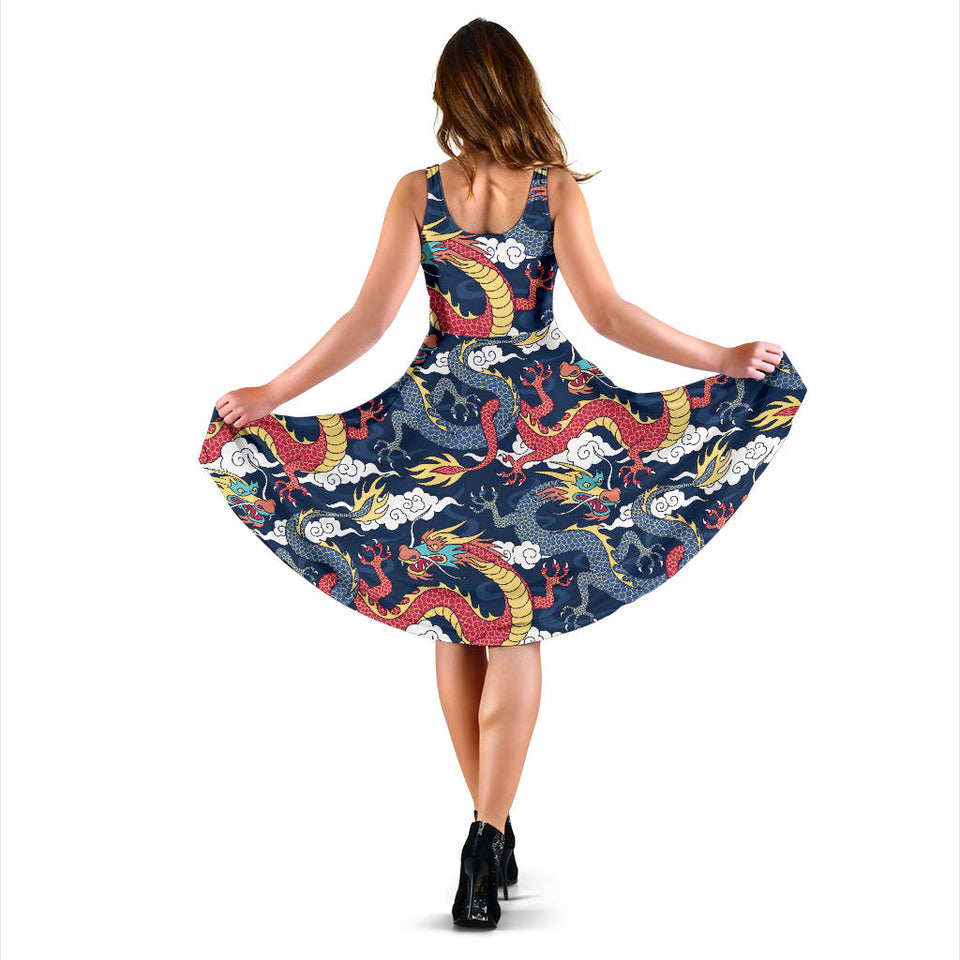 Blue Red Dragon Cloud Pattern Sleeveless Midi Dress