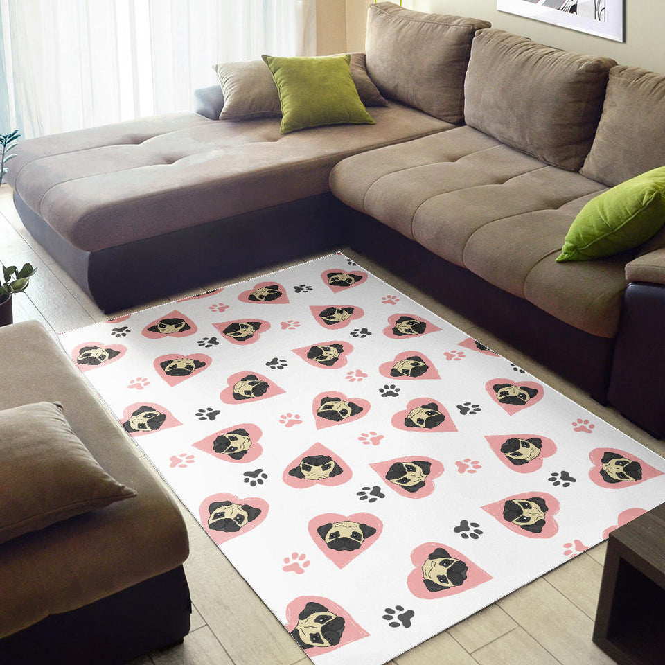 Cute Pugs Pink Heart Paw Pattern Area Rug