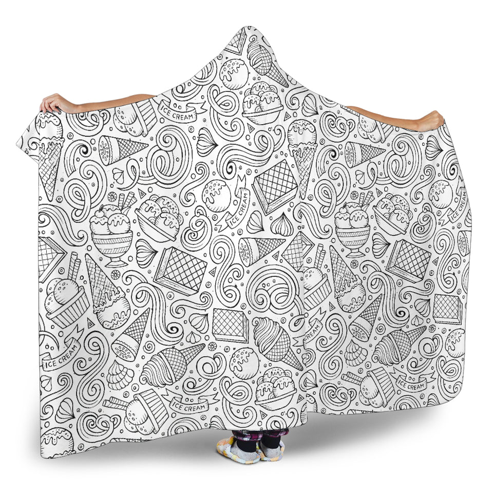 Cartoon Hand Drawn Ice Cream Black White Hooded Blanket