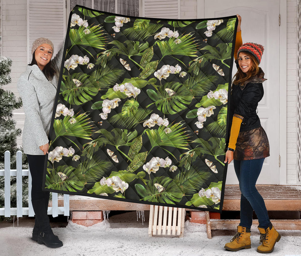 White Orchid Flower Tropical Leaves Pattern Blackground Premium Quilt