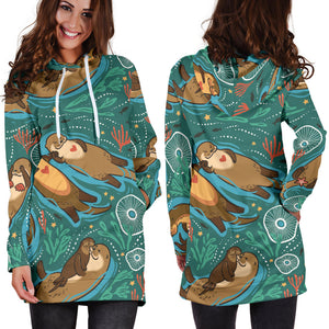 Cute Brown Sea Otters Ornamental Seaweed Corals Green Water Women'S Hoodie Dress