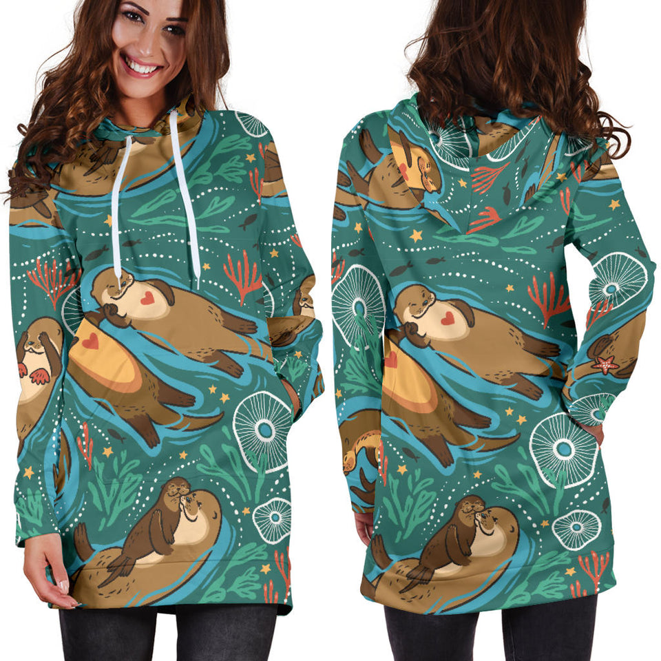 Cute Brown Sea Otters Ornamental Seaweed Corals Green Water Women'S Hoodie Dress