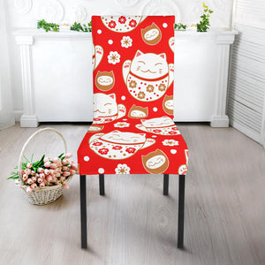 Cute Maneki Neko Lucky Cat Red Background Dining Chair Slipcover