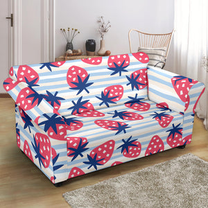 Strawberry Pattern Blue Lines Background Loveseat Couch Slipcover