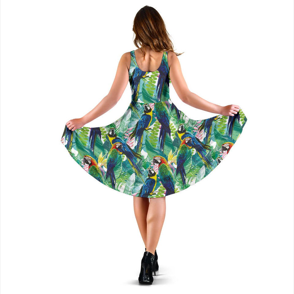 Colorful Parrot Exotic Flower Leaves Sleeveless Midi Dress