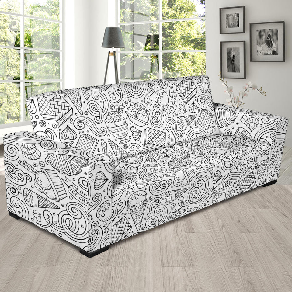Cartoon Hand Drawn Ice Cream Black White Sofa Slipcover