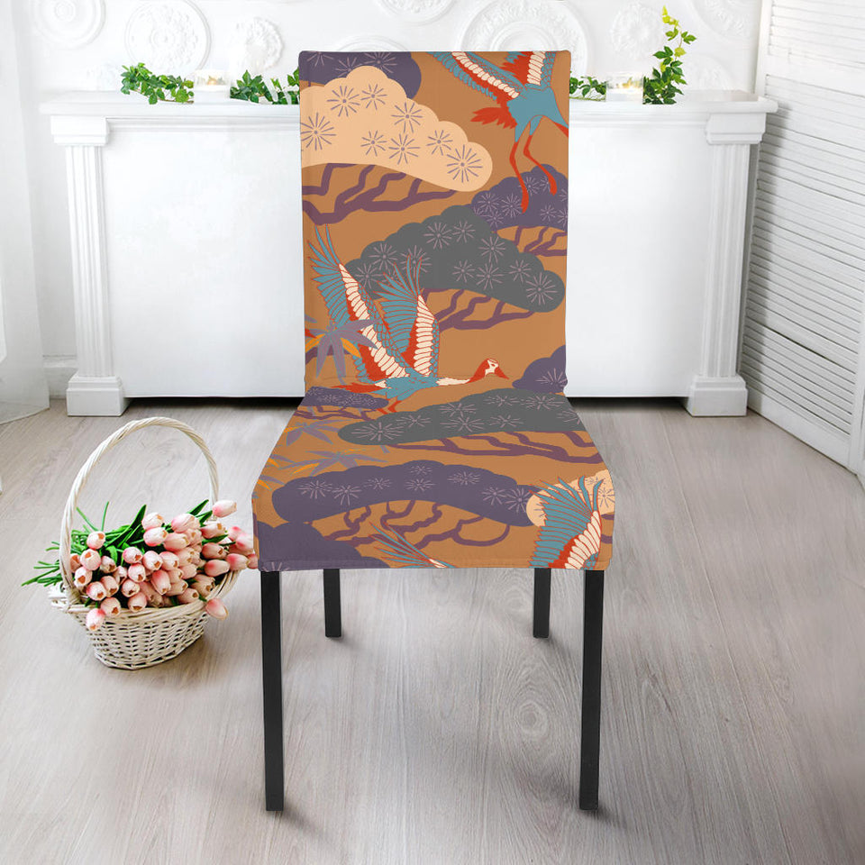 Bonsai Bamboo Stork Japanese Pattern Brown Theme Dining Chair Slipcover