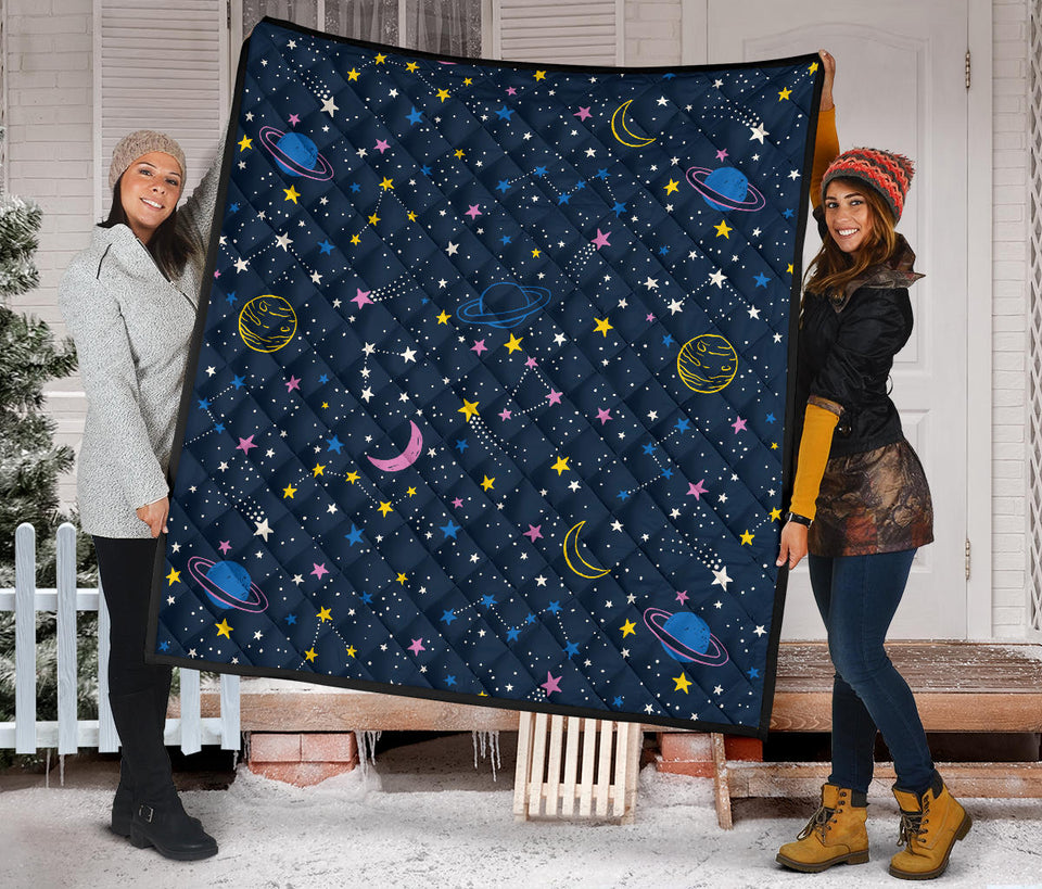 Space Pattern With Planets, Comets, Constellations And Stars Premium Quilt