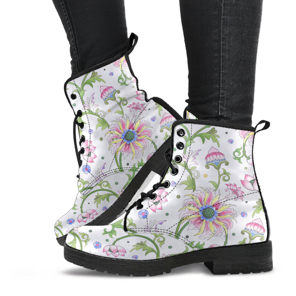 Beautiful Pink Lotus Waterlily Leaves Pattern Leather Boots
