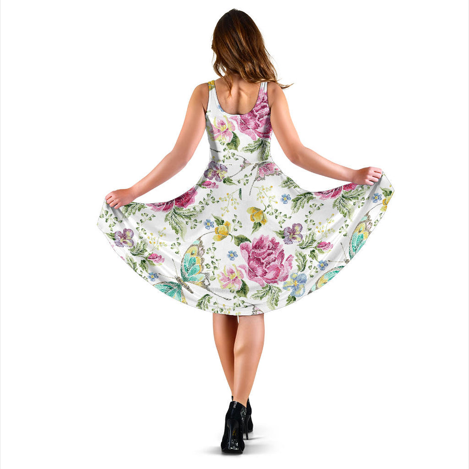 Hand Drawn Butterfly Rose Sleeveless Midi Dress