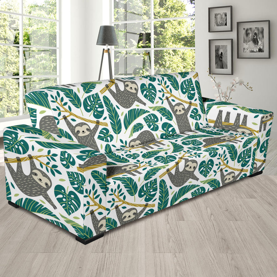 Cute Sloths Tropical Palm Leaves White Background Sofa Slipcover
