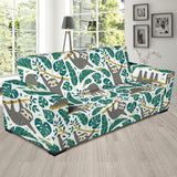 Cute Sloths Tropical Palm Leaves White Background Sofa Slipcover