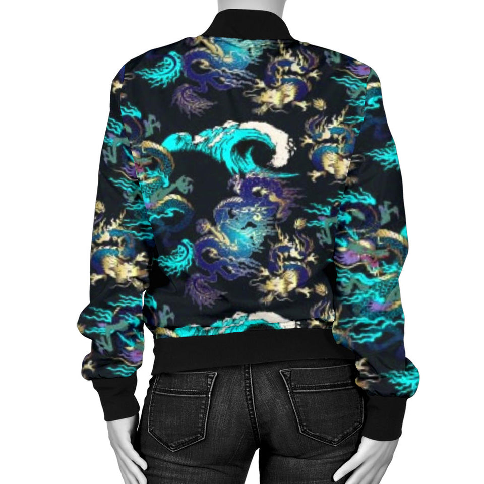 Dragon Sea Wave Pattern Women'S Bomber Jacket