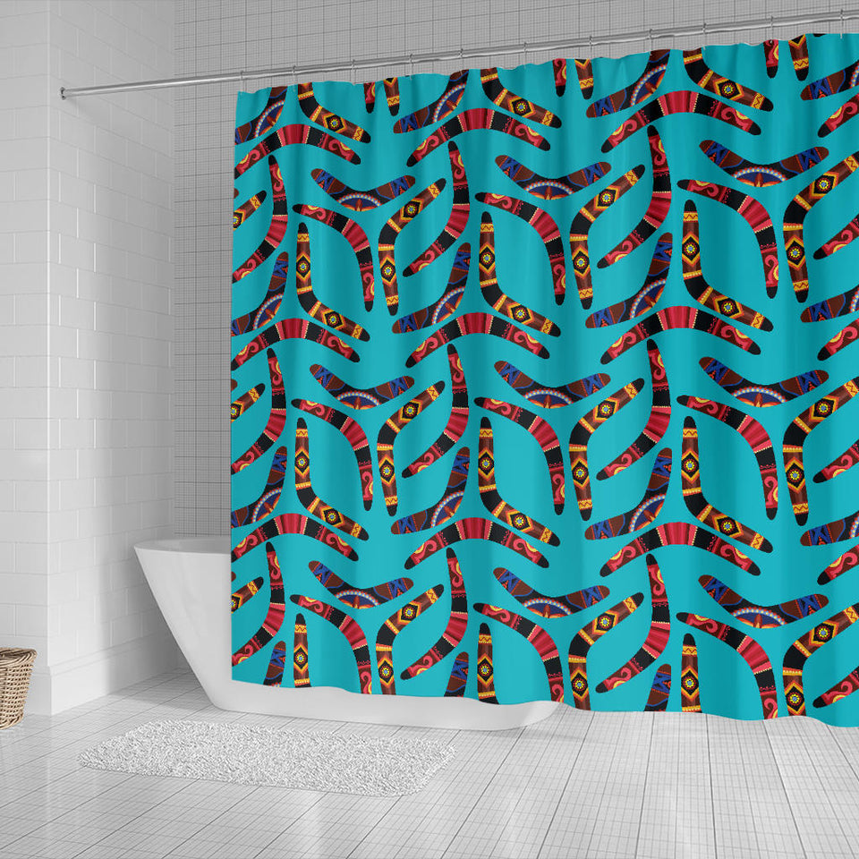 Boomerang Australian Aboriginal Ornament Blue Background Shower Curtain Fulfilled In US