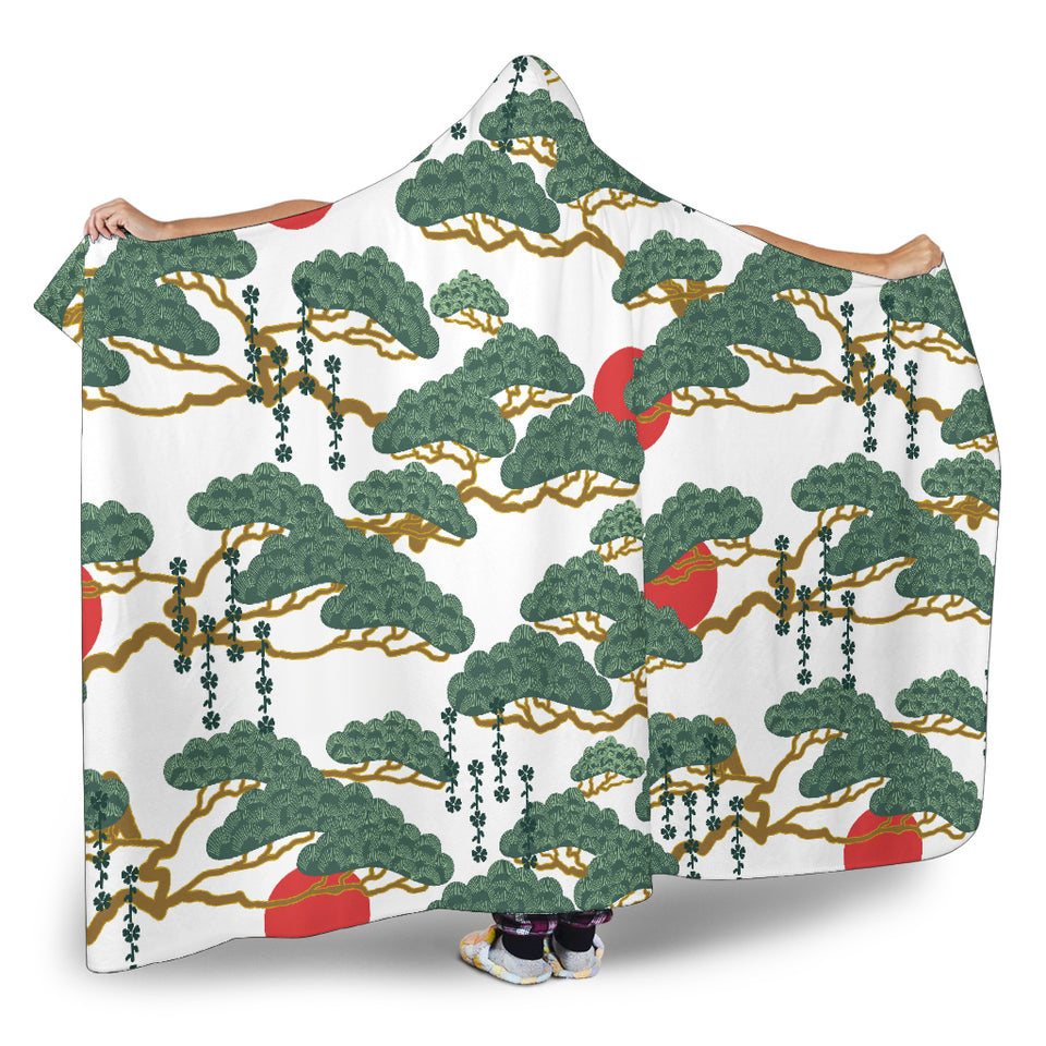 Bonsai Red Sun Japanese Pattern Hooded Blanket
