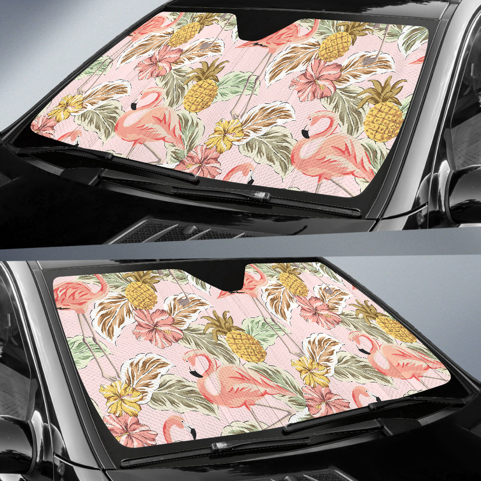 Pink Flamingo Birds Pineapples Hibiscus Flower Pattern Car Sun Shade