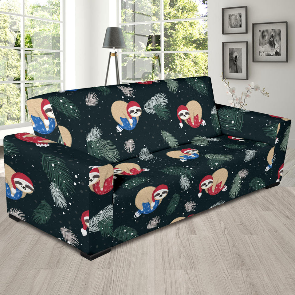 Cute Sloths Sleeping Christmas Ball Santa Hat Pattern Sofa Slipcover