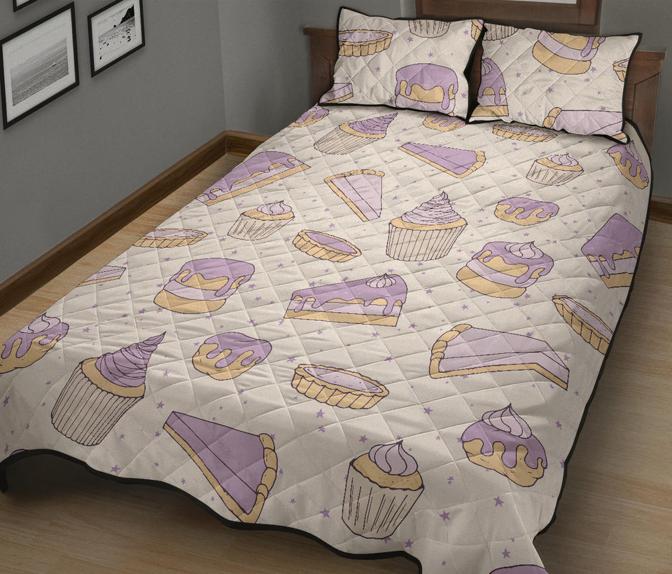 Cakes pies tarts muffins and eclairs purple blueberry topping pattern Quilt Bed Set