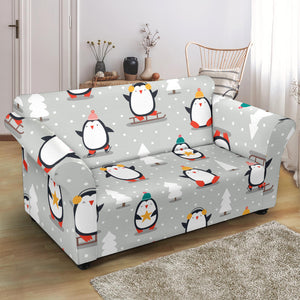 Cute Penguin Christmas Pattern Loveseat Couch Slipcover