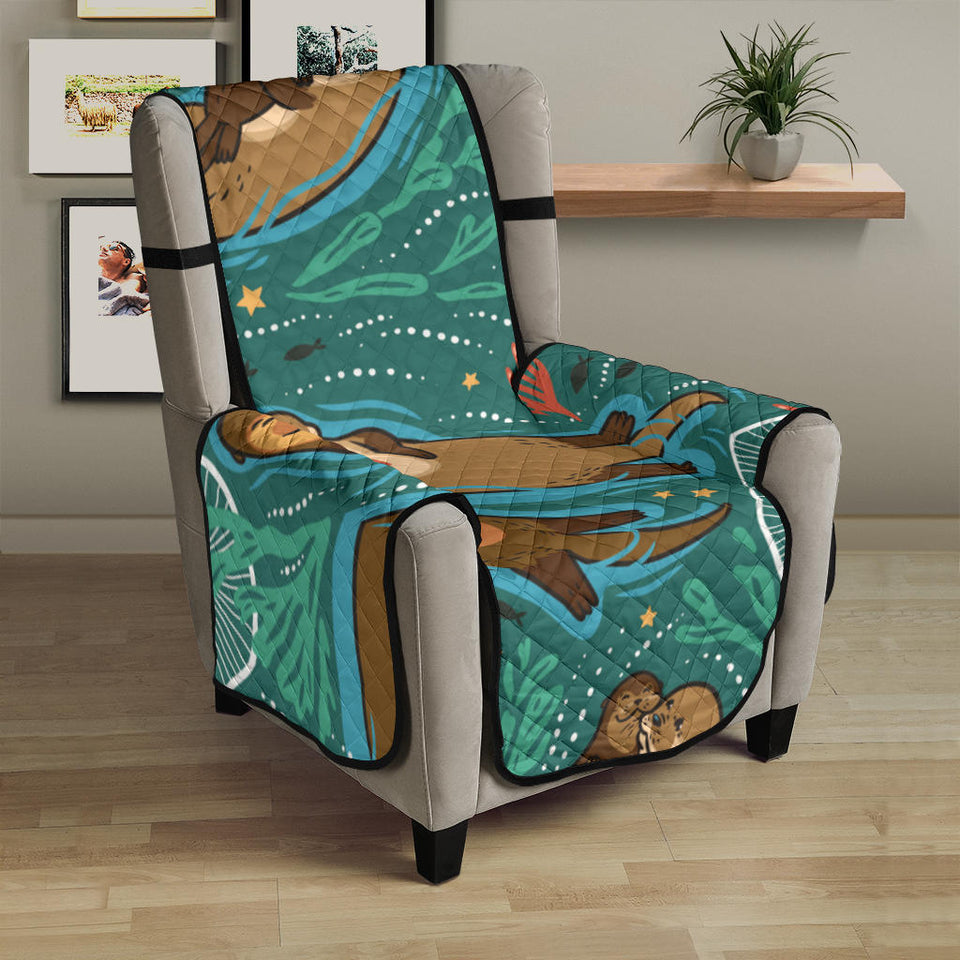 cute brown sea otters ornamental seaweed corals green water Chair Cover Protector