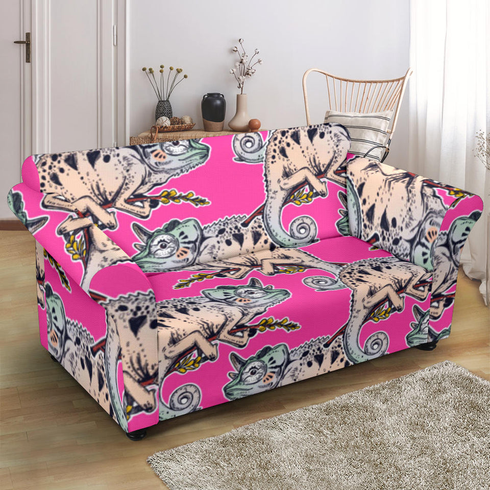 Chameleon Lizard Pattern Pink Background Loveseat Couch Slipcover