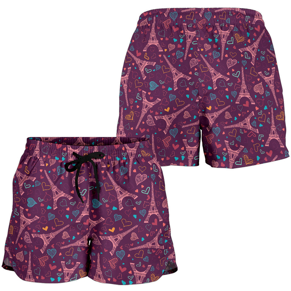 Eiffel Tower Heart Pattern Print Design 04 Women Shorts