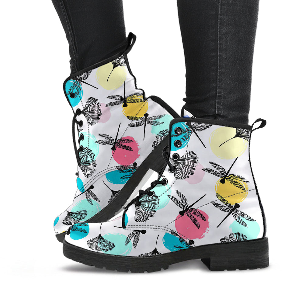 Dragonflies Ginkgo Leaves Pattern Leather Boots