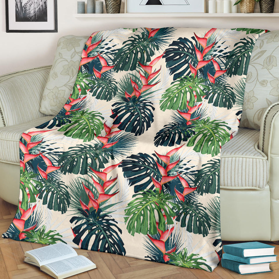 Heliconia Flowers, Palm And Monstera Leaves Premium Blanket