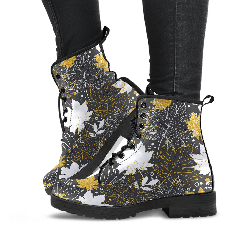 Beautiful Gold Autumn Maple Leaf Pattern Leather Boots