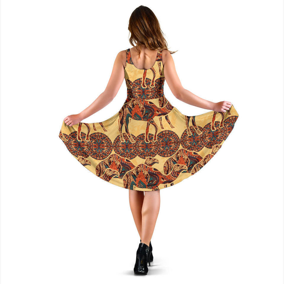 Camel Polynesian Tribal Design Pattern Sleeveless Midi Dress