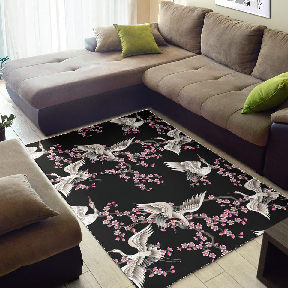 Japanese Crane Pink Sakura Pattern Area Rug