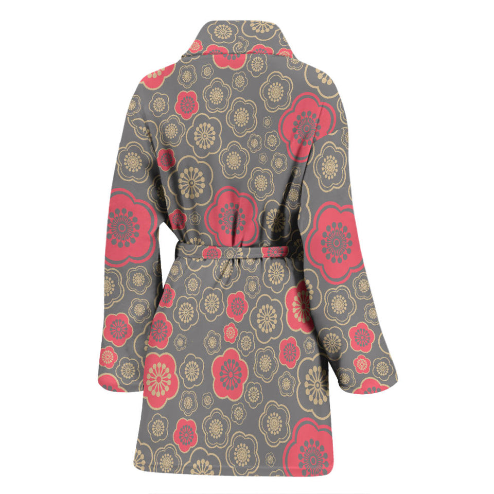 Red Gold Sakura Cherry Blossom Gray Background Women'S Bathrobe