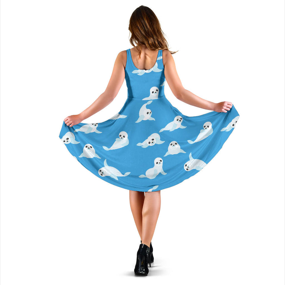 Cute Sea Lion Seal Pattern Background Sleeveless Midi Dress