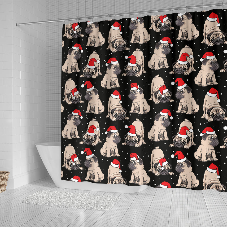 Christmas Pugs Santa_s Red Cap Pattern Shower Curtain Fulfilled In US