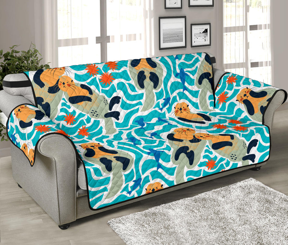 Cute sea otters fishe sea urchin pattern Sofa Cover Protector