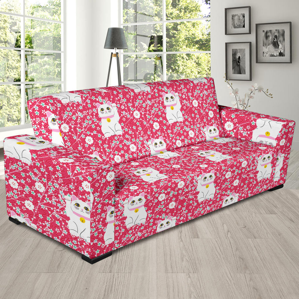Maneki Neko Lucky Cat Sakura Pink Background Sofa Slipcover