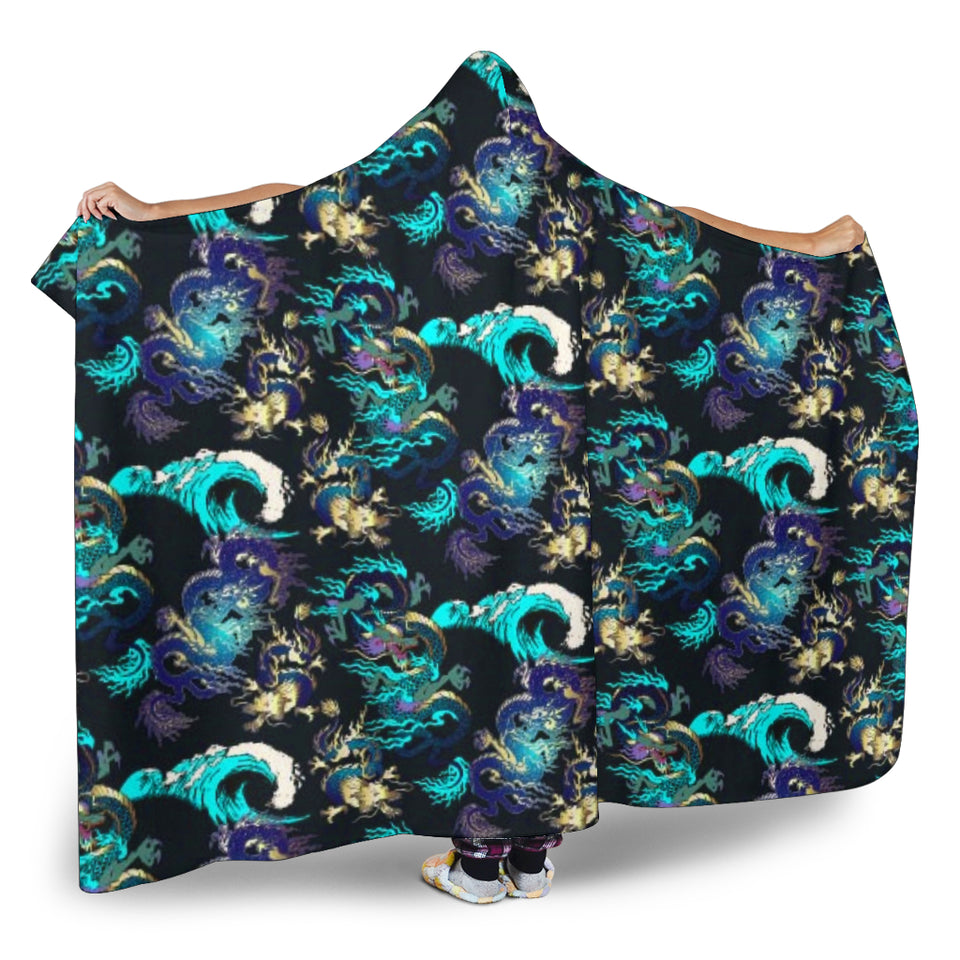 Dragon Sea Wave Pattern Hooded Blanket