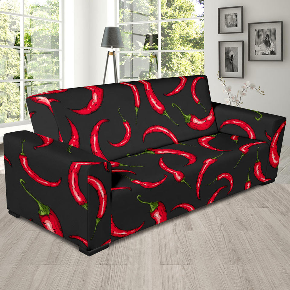 Chili Peppers Pattern Black Background Sofa Slipcover