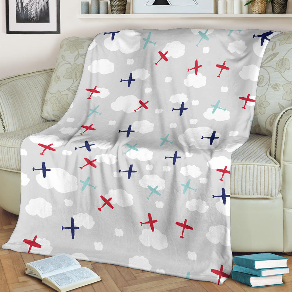 Airplane Cloud Grey Background Premium Blanket
