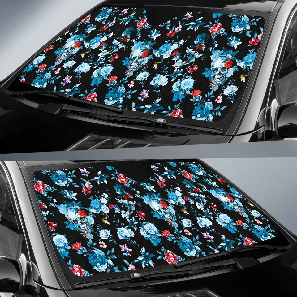 Skull Flower Roses Leave Pattern Car Sun Shade