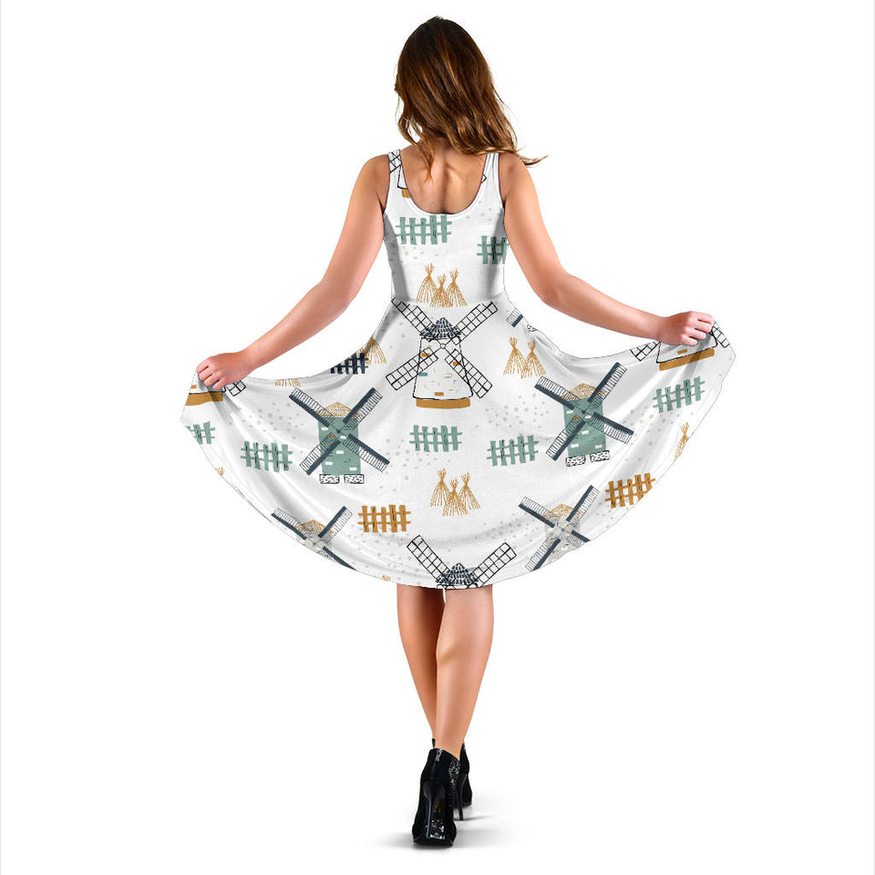 Windmill Pattern Sleeveless Midi Dress