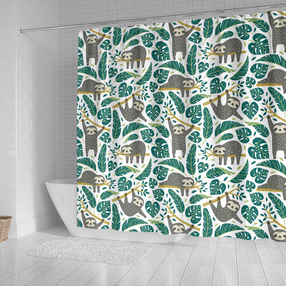 Cute Sloths Tropical Palm Leaves White Background Shower Curtain Fulfilled In US